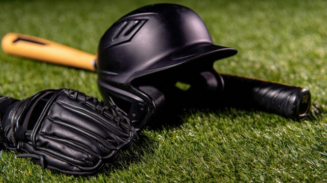 Black baseball helmet and glove resting on green grass, bat in background, ready for the game
