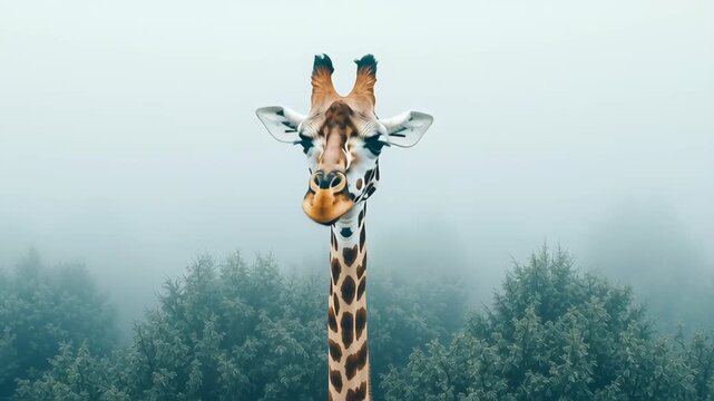 A giraffe is standing in a forest with trees. The giraffe is looking at the camera. A giraffes head peeking above the treetops in a vast land