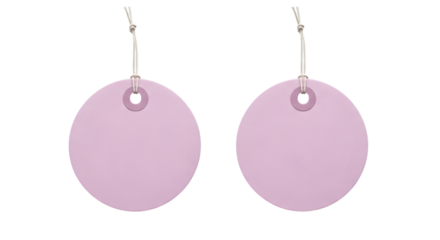 A pair of light purple circular earrings with a hole at the top for hanging, isolated on transparent background