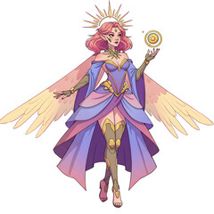 Fantasy female character with wings halo and elegant gown