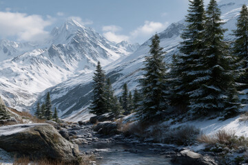 Fototapeta premium Mountain stream flows through snowy landscape with tall pine trees