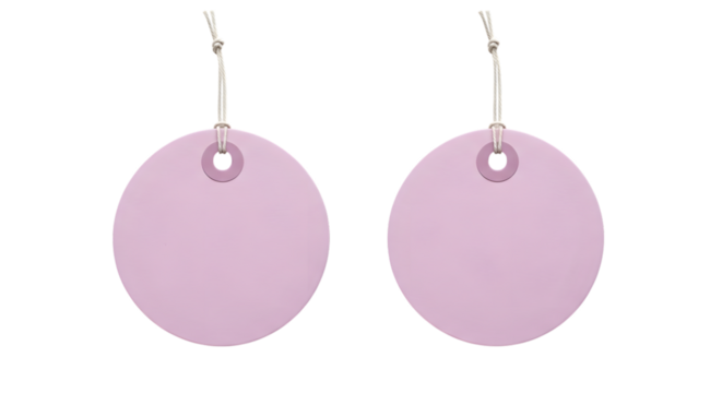 A pair of light purple circular earrings with a hole at the top for hanging, isolated on transparent background