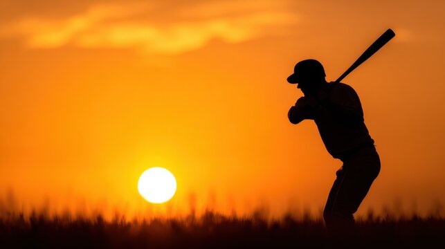 Silhouette of a baseball player ready to swing at sunset, with vibrant sky and grassy field in background