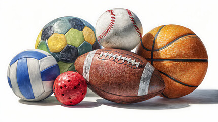 Pile of various sport balls isolated on white background, perfect for sport concept