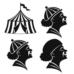 Circus tent and clown profiles black and white graphic