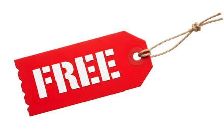 A bright red price tag with the word free in large white stencil letters, isolated on a transparent background