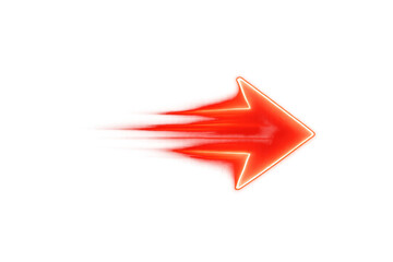 Speeding red neon arrow representing velocity, direction, progress, and movement on transparent background