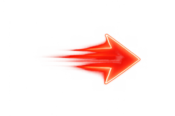 Speeding red neon arrow representing velocity, direction, progress, and movement on transparent background