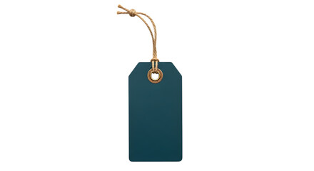 A single dark teal gift tag with a golden grommet and jute string, isolated on a transparent background