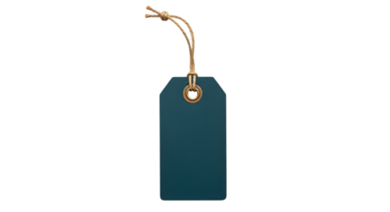 A single dark teal gift tag with a golden grommet and jute string, isolated on a transparent background