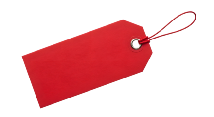 A single red paper tag with a string attached, isolated on a transparent background