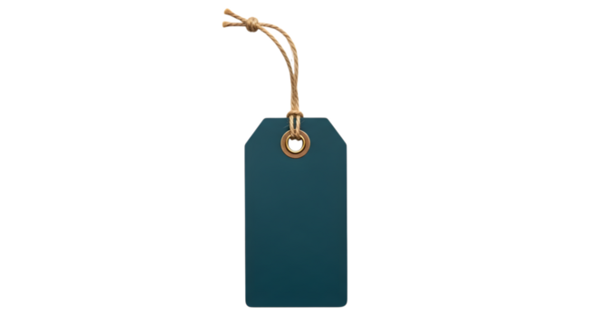 A single dark teal gift tag with a golden grommet and jute string, isolated on a transparent background