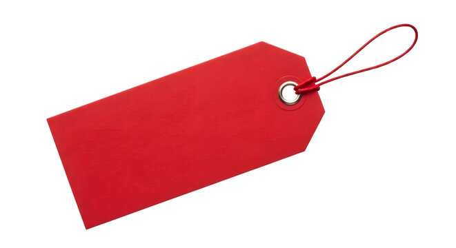 A single red paper tag with a string attached, isolated on a transparent background