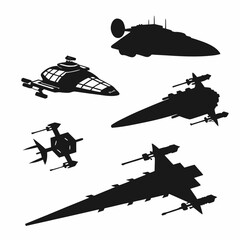 Collection of black spaceship silhouettes on white background