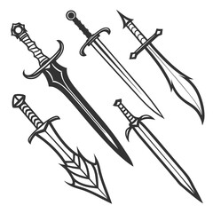 Collection of Five Stylized Swords on White Background