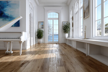 Fototapeta premium Bright modern living room with white piano and scenic views