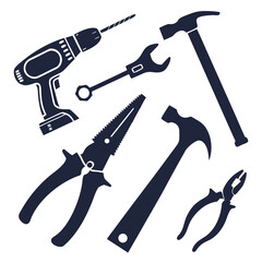 Dark blue silhouette tools on white background drill