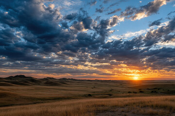 Sunset over rolling hills with dramatic clouds and golden skies