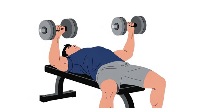Man performing dumbbell press on a weight bench, illustrating strength training and fitness.