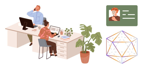 Office scene with two colleagues working at a desk, ID card floating nearby, geometric shape, and potted plants. Ideal for teamwork, creativity, organization, design, technology identity education