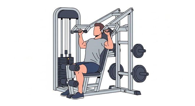 Man performing shoulder press exercise on a gym machine, focusing on strength training and fitness.