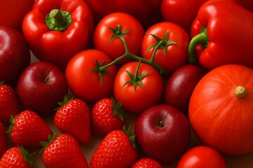 Abundance of Red Fruits and Vegetables: Close-up of Tomatoes, Bell Peppers, Apples, Strawberries, and Pumpkin