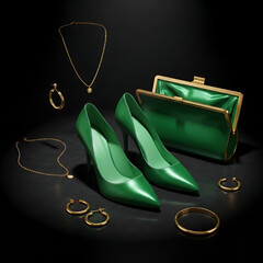 Elegant green high heels matching purse and gold jewelry set display