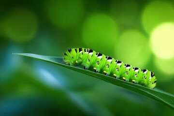 Fototapeta premium Vibrant green caterpillar resting on a leaf amidst a blurred, lush green background in nature