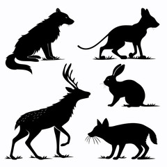 Five Black Animal Silhouettes on White Background wolf silhouette