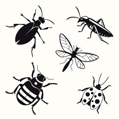 Five Black Insect Silhouettes on White Background beetle