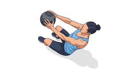 Woman performing Russian twists with medicine ball for core strength.