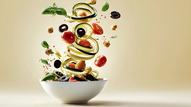 Fresh zucchini spirals, cherry tomatoes, olives, chickpeas, and basil leaves are beautifully levitating above a white bowl against a beige background. The dynamic food composition conveys freshness