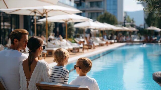 Joyful family enjoys a sunny day by the poolside in a vibrant resort, creating cherished memories together while relaxing and having fun