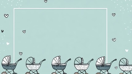 A whimsical illustration featuring baby strollers on a pastel background, adorned with hearts and a blank space for personalization, baby and mom background