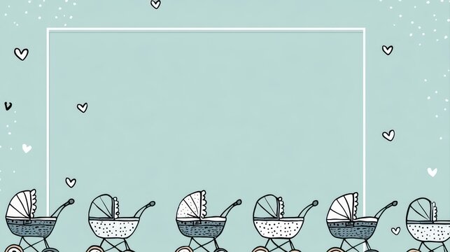 A whimsical illustration featuring baby strollers on a pastel background, adorned with hearts and a blank space for personalization, baby and mom background