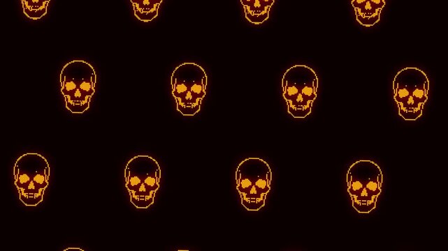 Animated design of skulls with neon yellow pixels on a black background with camera movement