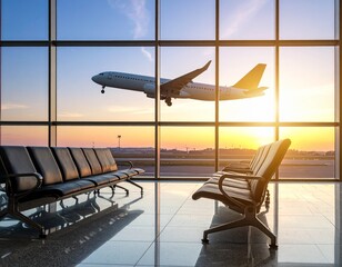 夕日で輝くスタイリッシュな空港のロビー