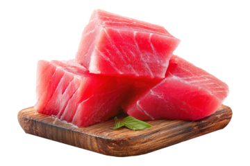 Fresh raw tuna cubes Micronesian sashimi isolated on white transparent background, representing seafood freshness.