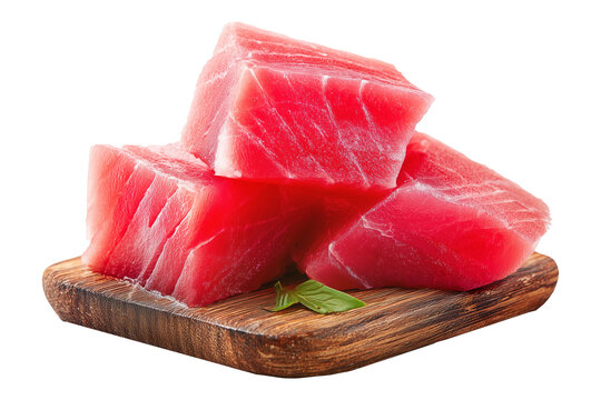 Fresh raw tuna cubes Micronesian sashimi isolated on white transparent background, representing seafood freshness.