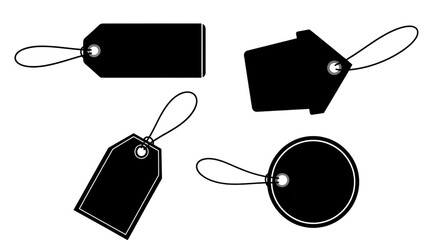 Collection of four black price tags or labels with strings, isolated on transparent background