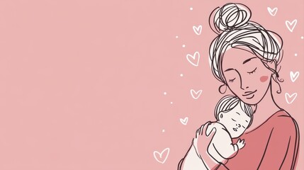 A warm illustration of a mother lovingly holding her baby, surrounded by hearts on a soft pink background, baby and mom background