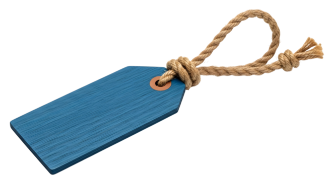 A blue wooden tag with a rough rope tied through its eyelet, isolated on a transparent background