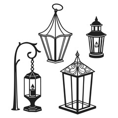 Four black silhouette lanterns with decorative elements
