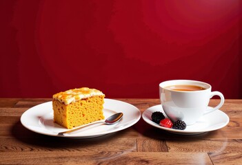 Delicious slice of sponge cake topped with creamy frosting accompanied by steaming cup of tea on a rustic wooden table against a vibrant red wall