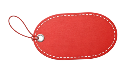 Red oval blank price tag with white stitching and string, isolated on transparent background