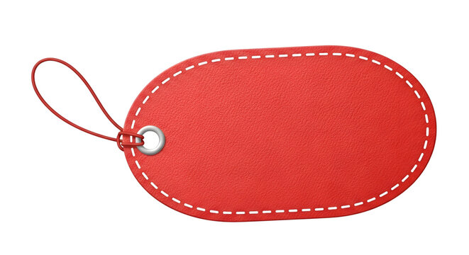 Red oval blank price tag with white stitching and string, isolated on transparent background