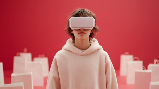 A young European teenage boy wearing a white hoodie and virtual reality headset stands against a vivid red backdrop with shopping bags. Digital technology, online shopping - Powered by Adobe