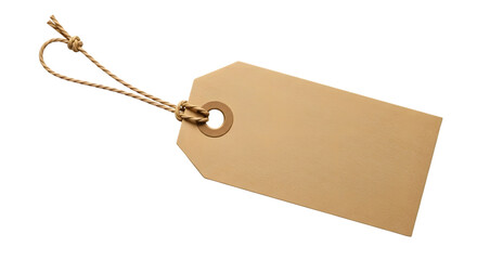 A blank, empty, brown kraft paper price tag with a string loop, isolated on a transparent background