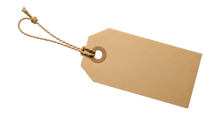 A blank, empty, brown kraft paper price tag with a string loop, isolated on a transparent background