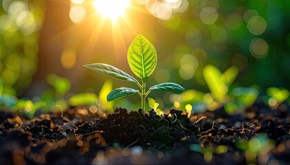 New life emerges from dark soil illuminated by bright sunbeams a young plant grows in the forest floor surrounded by green leaves and bokeh lighting